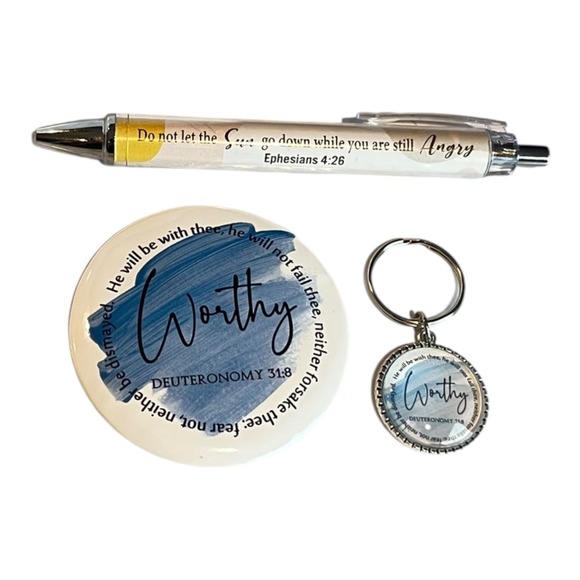 Other - Bible Scripture Gift Set Pen Keychain Coaster Worthy Ephesians Deuteronomy Blue